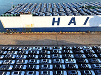 A large number of vehicles are ready to be shipped for export at the port of Lianyungang in Jiangsu province, China, on November 29, 2024. (