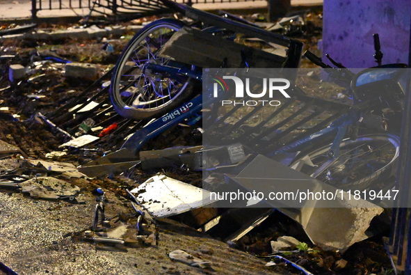 An FDNY fire truck is involved in a crash, leaving a trail of destruction through East Harlem, Manhattan, New York, United States, on Novemb...