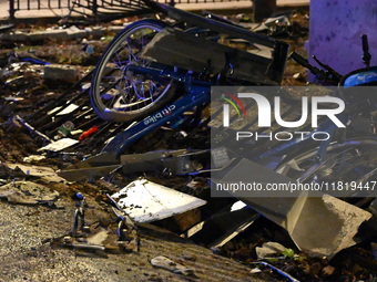 An FDNY fire truck is involved in a crash, leaving a trail of destruction through East Harlem, Manhattan, New York, United States, on Novemb...