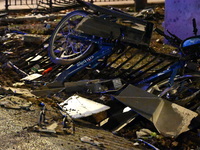 An FDNY fire truck is involved in a crash, leaving a trail of destruction through East Harlem, Manhattan, New York, United States, on Novemb...