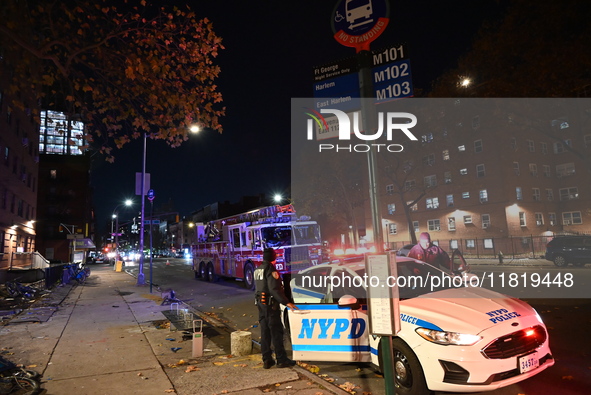 An FDNY fire truck is involved in a crash, leaving a trail of destruction through East Harlem, Manhattan, New York, United States, on Novemb...