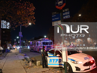 An FDNY fire truck is involved in a crash, leaving a trail of destruction through East Harlem, Manhattan, New York, United States, on Novemb...