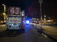 An FDNY fire truck is involved in a crash, leaving a trail of destruction through East Harlem, Manhattan, New York, United States, on Novemb...