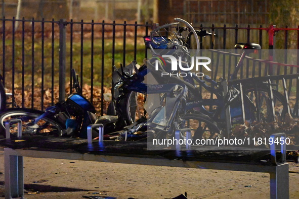 An FDNY fire truck is involved in a crash, leaving a trail of destruction through East Harlem, Manhattan, New York, United States, on Novemb...