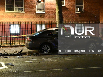 An FDNY fire truck is involved in a crash, leaving a trail of destruction through East Harlem, Manhattan, New York, United States, on Novemb...