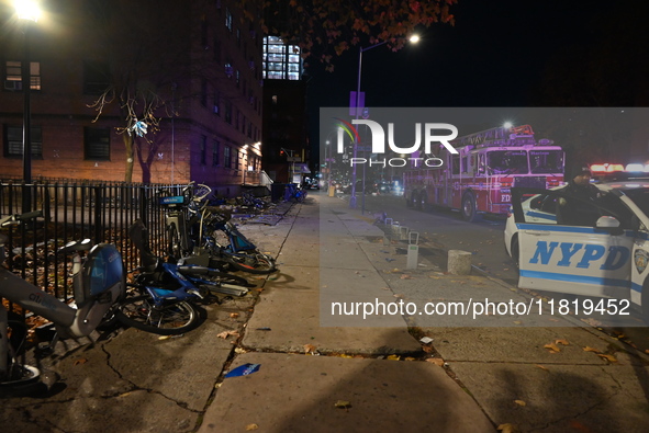 An FDNY fire truck is involved in a crash, leaving a trail of destruction through East Harlem, Manhattan, New York, United States, on Novemb...