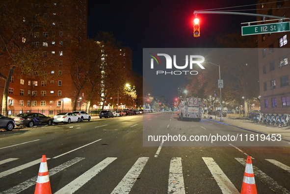 An FDNY fire truck is involved in a crash, leaving a trail of destruction through East Harlem, Manhattan, New York, United States, on Novemb...