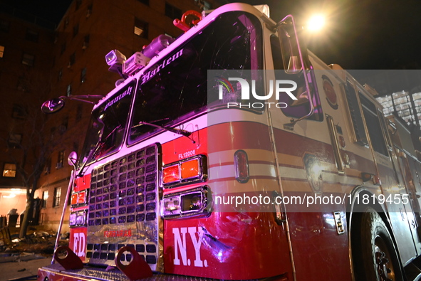 An FDNY fire truck is involved in a crash, leaving a trail of destruction through East Harlem, Manhattan, New York, United States, on Novemb...