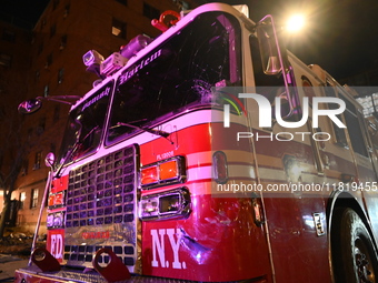 An FDNY fire truck is involved in a crash, leaving a trail of destruction through East Harlem, Manhattan, New York, United States, on Novemb...