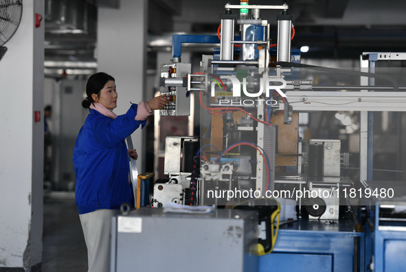 Employees work on a wire and cable production line at Anhui Aipu Huaton Electronic Technology Co LTD in Fuyang, China, on November 29, 2024....