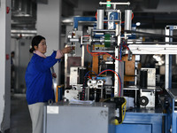 Employees work on a wire and cable production line at Anhui Aipu Huaton Electronic Technology Co LTD in Fuyang, China, on November 29, 2024....