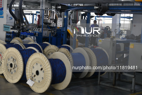 Employees work on a wire and cable production line at Anhui Aipu Huaton Electronic Technology Co LTD in Fuyang, China, on November 29, 2024....