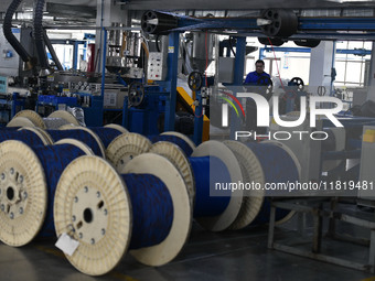 Employees work on a wire and cable production line at Anhui Aipu Huaton Electronic Technology Co LTD in Fuyang, China, on November 29, 2024....