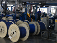 Employees work on a wire and cable production line at Anhui Aipu Huaton Electronic Technology Co LTD in Fuyang, China, on November 29, 2024....