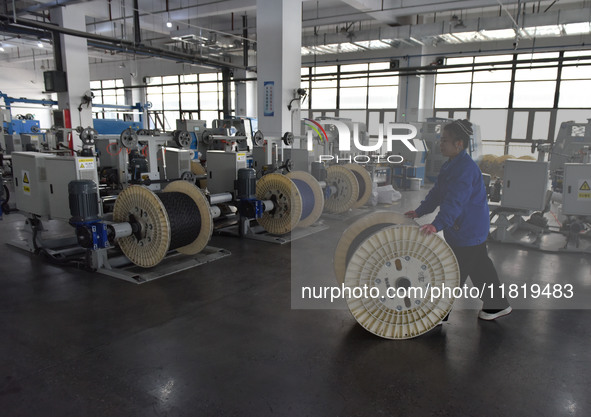 Employees work on a wire and cable production line at Anhui Aipu Huaton Electronic Technology Co LTD in Fuyang, China, on November 29, 2024....