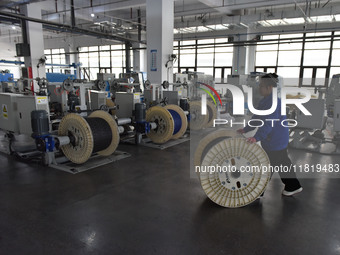 Employees work on a wire and cable production line at Anhui Aipu Huaton Electronic Technology Co LTD in Fuyang, China, on November 29, 2024....