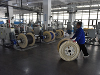 Employees work on a wire and cable production line at Anhui Aipu Huaton Electronic Technology Co LTD in Fuyang, China, on November 29, 2024....