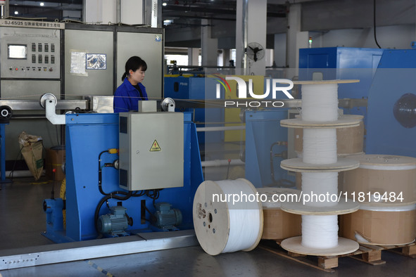 Employees work on a wire and cable production line at Anhui Aipu Huaton Electronic Technology Co LTD in Fuyang, China, on November 29, 2024....