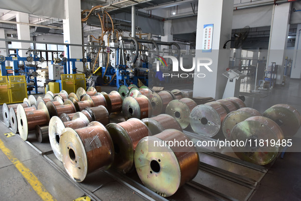 Employees work on a wire and cable production line at Anhui Aipu Huaton Electronic Technology Co LTD in Fuyang, China, on November 29, 2024....