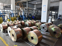 Employees work on a wire and cable production line at Anhui Aipu Huaton Electronic Technology Co LTD in Fuyang, China, on November 29, 2024....