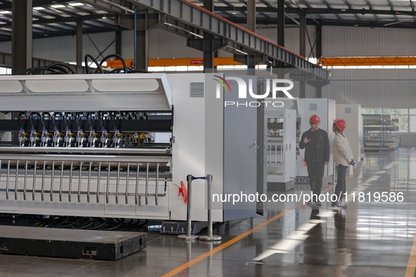 Workers produce shuttleless looms at a workshop in the West Coast New Area of Qingdao, Shandong province, China, on November 28, 2024. 