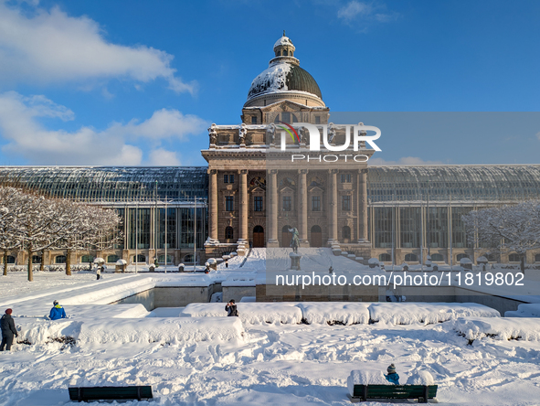 The Bavarian State Chancellery (Bayerische Staatskanzlei) in Munich, Germany, on December 3, 2023, is snowed in. 