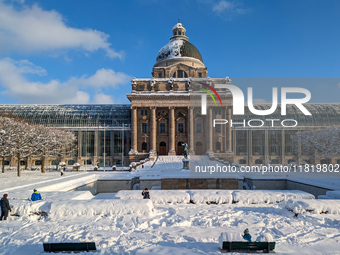 The Bavarian State Chancellery (Bayerische Staatskanzlei) in Munich, Germany, on December 3, 2023, is snowed in. (