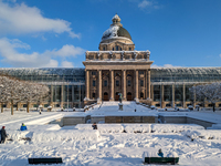 The Bavarian State Chancellery (Bayerische Staatskanzlei) in Munich, Germany, on December 3, 2023, is snowed in. (