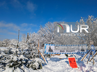 A Christmas tree sales stand is snowed in Gauting, Germany, on December 3, 2023. (