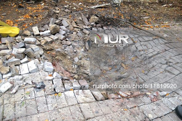 A place of impact is seen near a family polyclinic in the Dniprovskyi district, damaged by an overnight Russian drone attack in Kyiv, Ukrain...