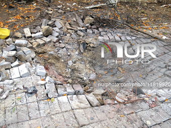 A place of impact is seen near a family polyclinic in the Dniprovskyi district, damaged by an overnight Russian drone attack in Kyiv, Ukrain...