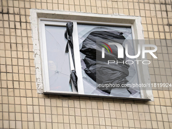 A window in an apartment block in the Dniprovskyi district is broken by an overnight Russian drone attack in Kyiv, Ukraine, on November 29,...