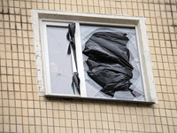 A window in an apartment block in the Dniprovskyi district is broken by an overnight Russian drone attack in Kyiv, Ukraine, on November 29,...