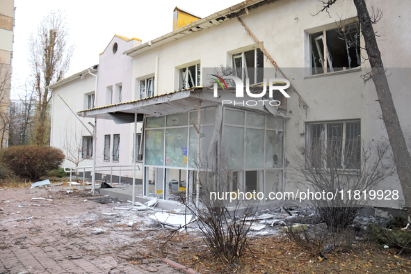 A family polyclinic in the Dniprovskyi district is damaged by an overnight Russian drone attack in Kyiv, Ukraine, on November 29, 2024. On F...