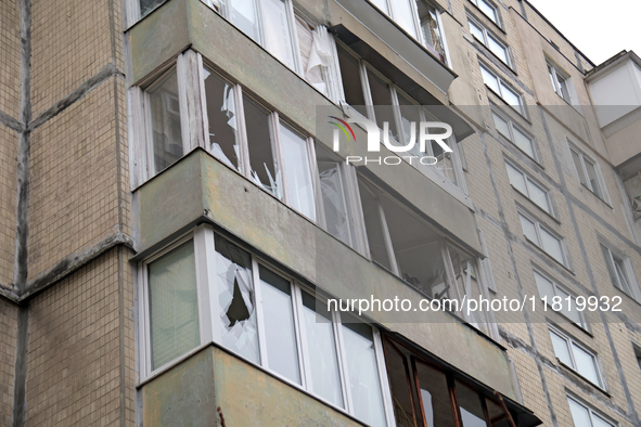 Windows in an apartment block in the Dniprovskyi district are broken by an overnight Russian drone attack in Kyiv, Ukraine, on November 29,...