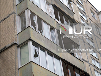 Windows in an apartment block in the Dniprovskyi district are broken by an overnight Russian drone attack in Kyiv, Ukraine, on November 29,...