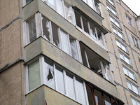 Windows in an apartment block in the Dniprovskyi district are broken by an overnight Russian drone attack in Kyiv, Ukraine, on November 29,...