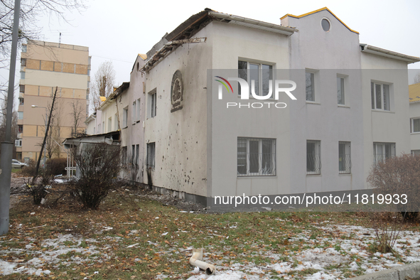 A family polyclinic in the Dniprovskyi district is damaged by an overnight Russian drone attack in Kyiv, Ukraine, on November 29, 2024. On F...