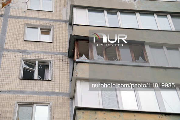 Windows in an apartment block in the Dniprovskyi district are broken by an overnight Russian drone attack in Kyiv, Ukraine, on November 29,...