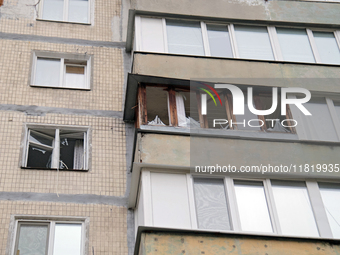 Windows in an apartment block in the Dniprovskyi district are broken by an overnight Russian drone attack in Kyiv, Ukraine, on November 29,...