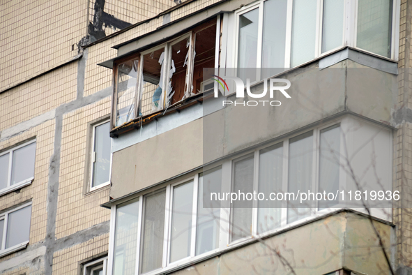 Windows in an apartment block in the Dniprovskyi district are broken by an overnight Russian drone attack in Kyiv, Ukraine, on November 29,...