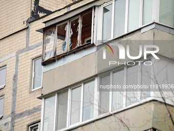 Windows in an apartment block in the Dniprovskyi district are broken by an overnight Russian drone attack in Kyiv, Ukraine, on November 29,...