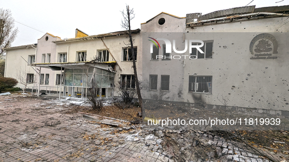 A family polyclinic in the Dniprovskyi district is damaged by an overnight Russian drone attack in Kyiv, Ukraine, on November 29, 2024. On F...