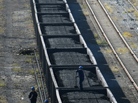 Workers smooth electrical coal at a special railway line of Jiangxi Coal Reserve Center in Jiujiang, Jiangxi province, China, on November 29...