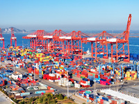 The photo shows the working scene of a container terminal at Lianyungang Port in Jiangsu province, China, on November 29, 2024. (