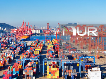 The photo shows the working scene of a container terminal at Lianyungang Port in Jiangsu province, China, on November 29, 2024. (