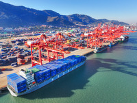 The photo shows the working scene of a container terminal at Lianyungang Port in Jiangsu province, China, on November 29, 2024. (