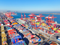 The photo shows the working scene of a container terminal at Lianyungang Port in Jiangsu province, China, on November 29, 2024. (