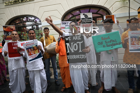 Monks of ISKCON (International Society of Krishna Consciousness) and Hindu devotees in Kolkata, India, hold a protest against the recent arr...