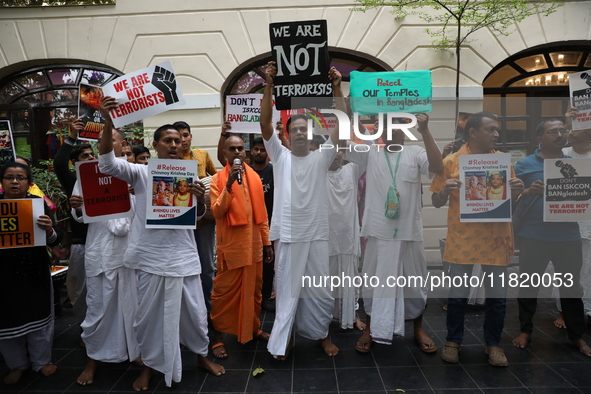 Monks of ISKCON (International Society of Krishna Consciousness) and Hindu devotees in Kolkata, India, hold a protest against the recent arr...